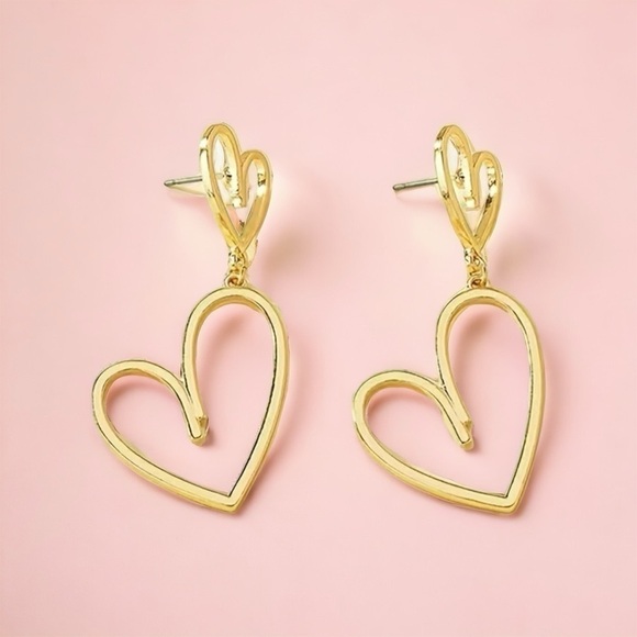 Gold Heart Double Love Earrings Dangle Drop Cutout Hearts Nwt - Picture 4 of 6
